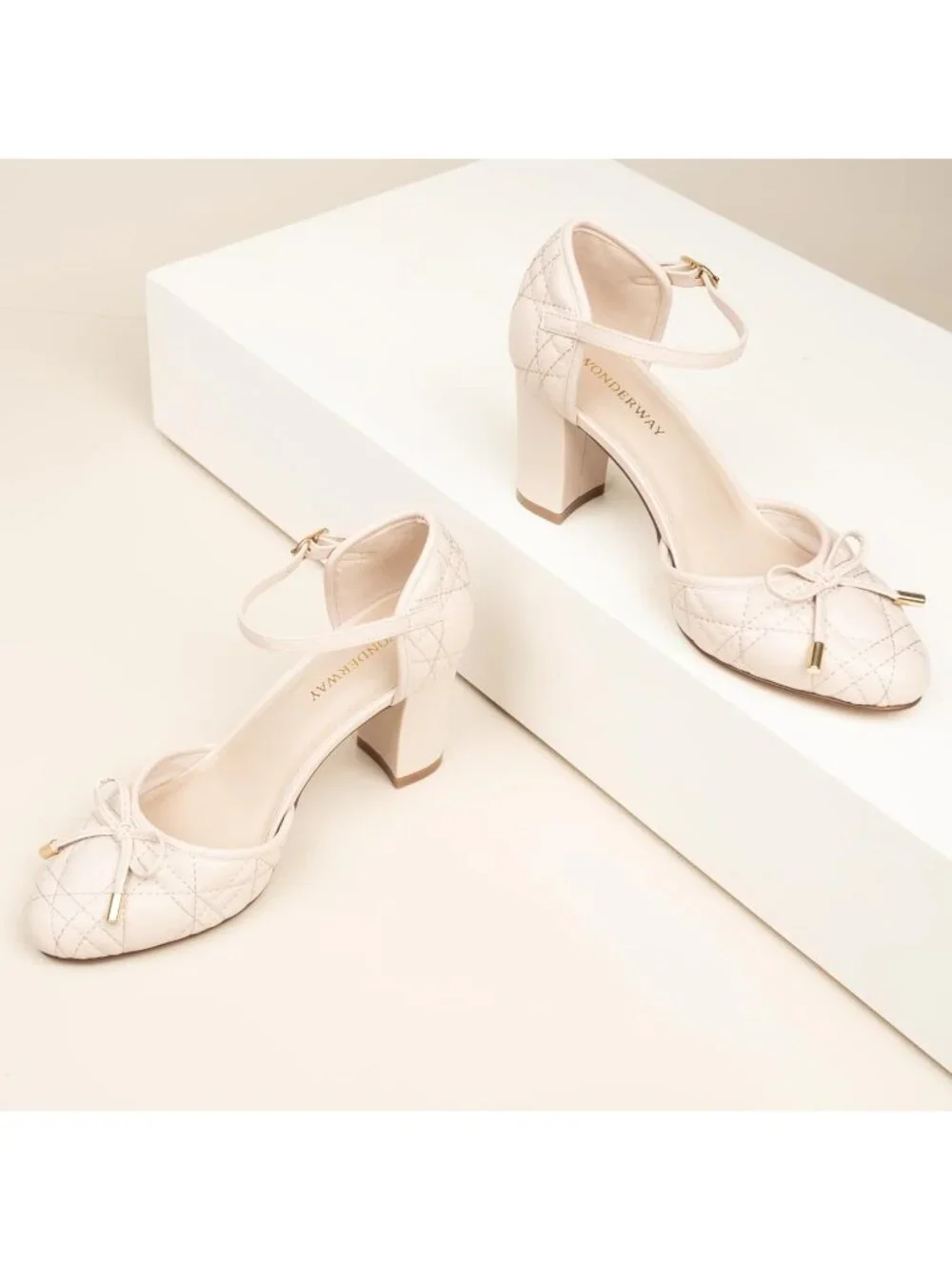 Women's Nude Chunky Block Heel Pumps, Bow Ankle Strap Closed Toe High Heels